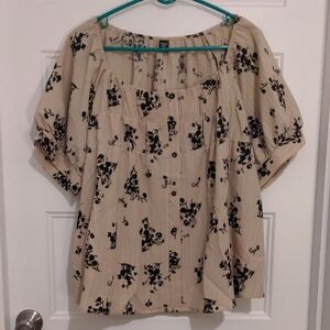 SHEIN Curve Tan/Black Floral Print Puff Sleeve Blouse - 1XL